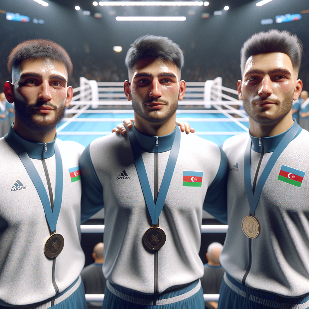 III MDB Oyunlarında Azərbaycan boksçuları podiumda medal sevinci və ring fonu.