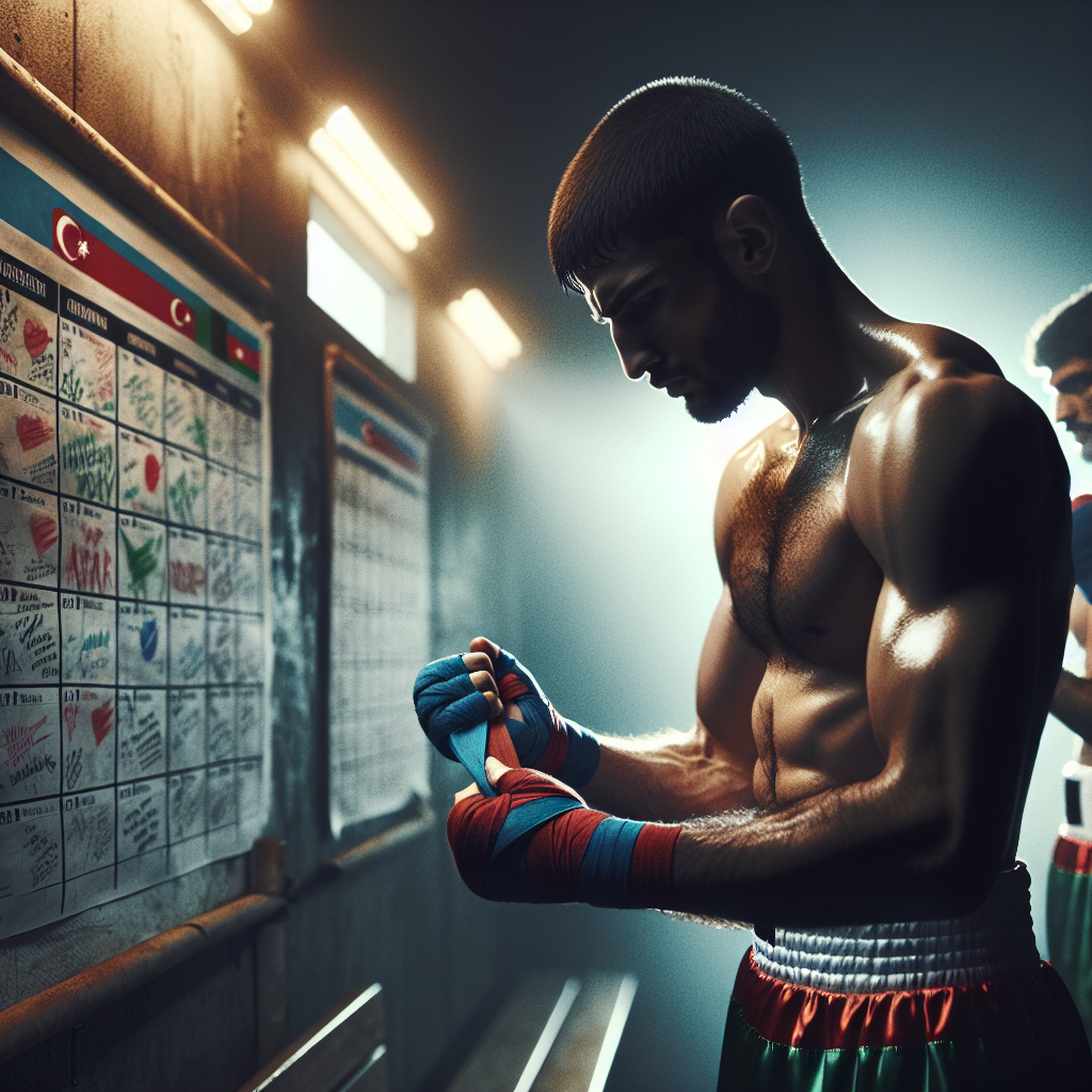 Azerbaijani boxers prepare and plan upcoming fights in arena tunnel, dramatic lighting